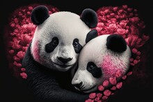Rose Petal Animal Romance: A Valentine's Day Giant Panda Couple Cuddle Amidst Red And Pink Flowers (check My Portfolio For More Animal Species And Dog/Cat Breeds)