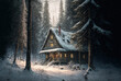 Night fabulous landscape of a cosy mysterious wooden village house in winter, surrounded by snow-covered trees. Christmas postcarddigital illustration