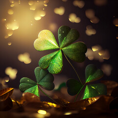 Aufkleber - Beautiful Festive background with shining clover shamrocks and golden bokeh. St. Patrick's Day backdrop.	
