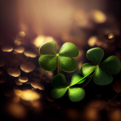 Aufkleber - Beautiful Festive background with shining clover shamrocks and golden bokeh. St. Patrick's Day backdrop.	
