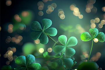 Aufkleber - Beautiful Festive background with shining clover shamrocks and golden bokeh. St. Patrick's Day backdrop.	
