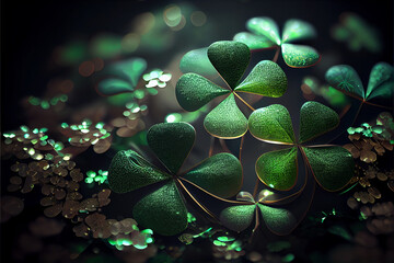 Aufkleber - Beautiful Festive background with shining clover shamrocks and golden bokeh. St. Patrick's Day backdrop.	
