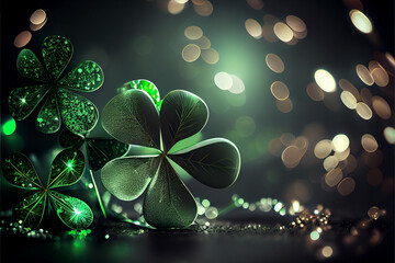 Aufkleber - Beautiful Festive background with shining clover shamrocks and golden bokeh. St. Patrick's Day backdrop.	