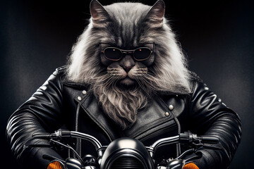 Cool cat biker in black leather jacket wearing sunglasses with Generative AI