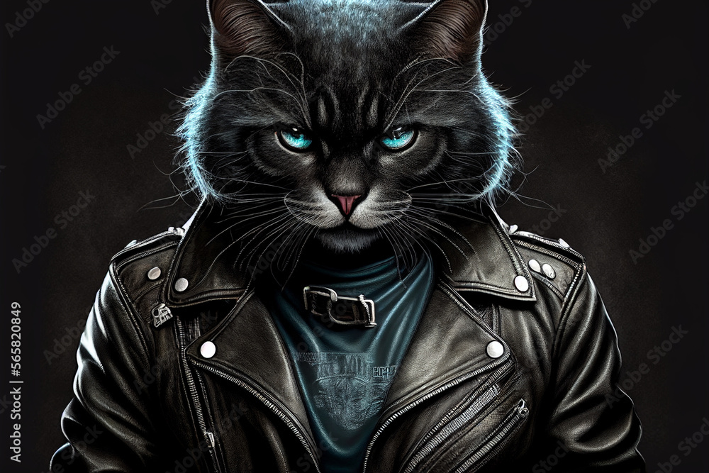 Cool cat in black leather jacket With Generative AI Stock