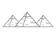 Three egypt ancient pyramids of giza are egyptian pharaoh tomb on white background line outline vector black icon design.
