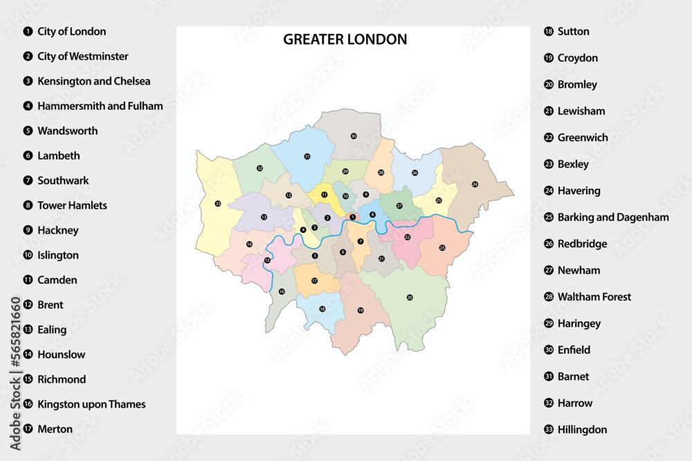 Administrative map of Greater London region, United Kingdom
