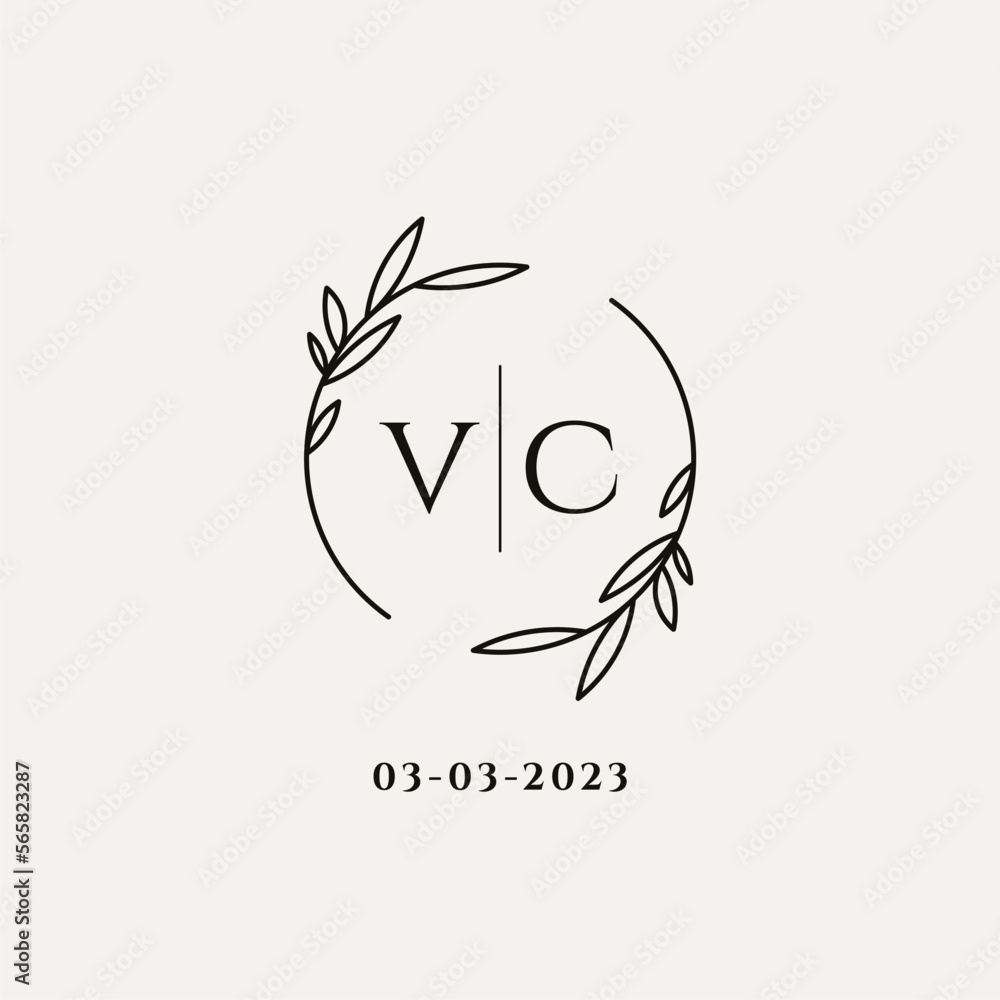 Letter VC wedding monogram logo design with simple natural circle leaf ...