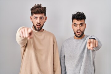 Wall Mural - Young homosexual couple standing over white background pointing displeased and frustrated to the camera, angry and furious with you