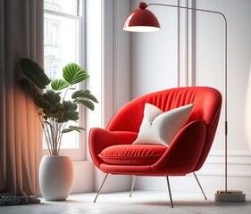 Wall Mural - Red velvet armchair and lamp. generative AI