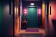 Cozy scandinavian interior style hallway with mint green entrance door at night with lamp turned on, illuminated with the colors of the rainbow