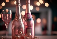 Happy Valentine's Day, Pink Champagne Bottle And Glasses, Close Up, Bokeh Background,