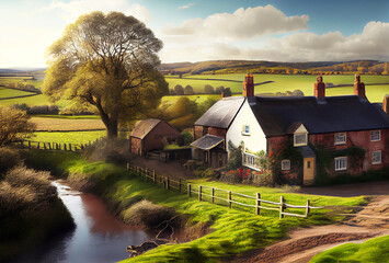 Wall Mural - England landscape with beautiful houses ahd meadow. Generative AI Art. Beautiful view.