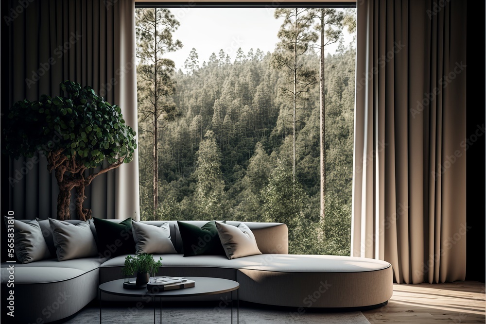 Stunning interior with a panoramic window overlooking the forest ...