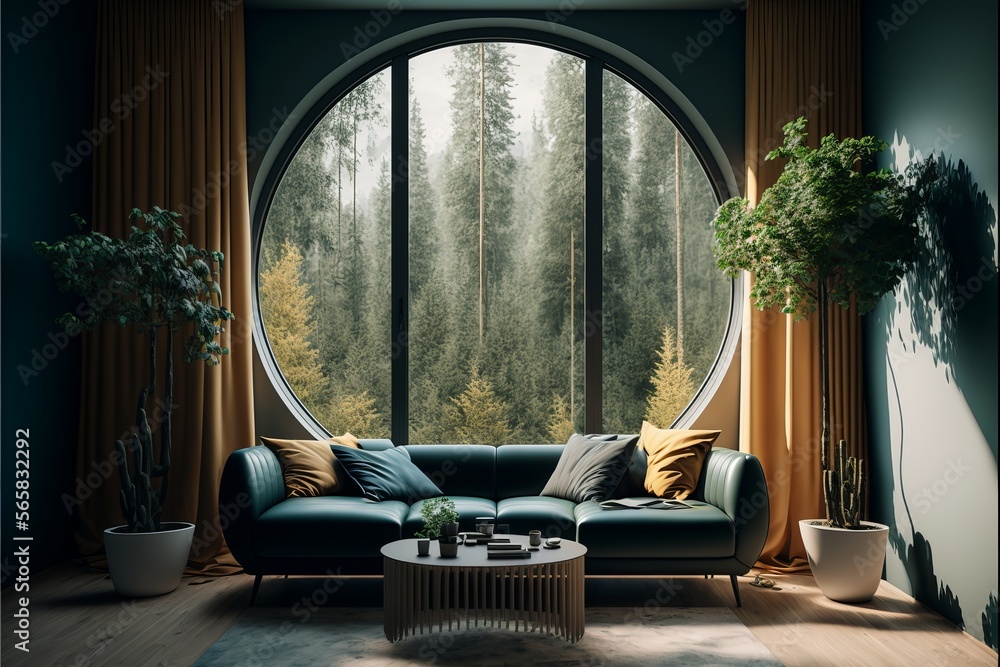 Stunning interior with large panoramic window overlooking the forest ...
