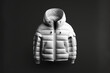 © ART IS AN EXPLOSION. - White puffer jacket mockup on a minimalistic background. Generative AI.