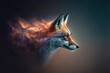  a fox with a blue eyes and a red tail is shown in the background of a dark background with a blue and orange hued background.  generative ai