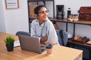 Sticker - Young beautiful hispanic woman business worker using laptop working at office