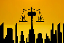 Silhouette With Hammer Judge And Scales Sunset Background.Social Justice Day Concept.