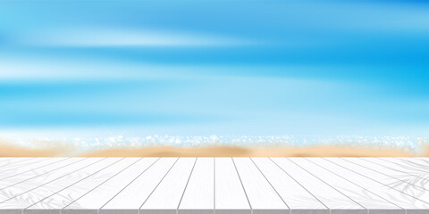 Wall Mural - Summer Beach with sunlight sparkling on Ocean Water,Wood floor on sand,Vector Empty White Wood table for spa product display,Natural Seascape with blurry horizon,Summer landscape vacation on seaside