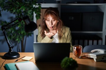 Poster - Middle age hispanic woman working using computer laptop at night looking at the camera blowing a kiss with hand on air being lovely and sexy. love expression.