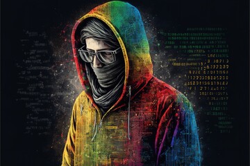 Hacker in black hoodie back side, with green binary data background, glowing