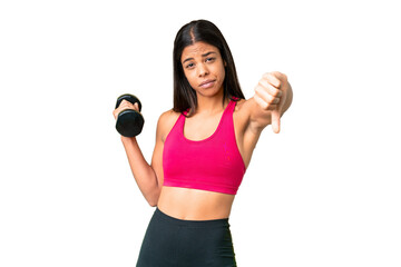 Wall Mural - Young African American woman sport woman making weightlifting over isolated chroma key background showing thumb down with negative expression