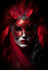 Wall Mural - Carnival mask beautiful woman looking at camera vertical banner mardi gras red venetian style portrait. Generative AI