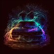 boys eleventh 11th birthday glowing number 11 behind muscle car surrounded by multicolour clouds of smoke, vector art style, black background generative ai