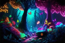Fairy Forest At Night, Fantasy Glowing Flowers And Lights. Generative AI
