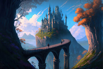 Wall Mural - A bridge with a view on a fantasy castle, Generative AI