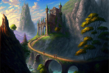 Wall Mural - A bridge leading to a fantasy castle, beautiful landscape Generative AI