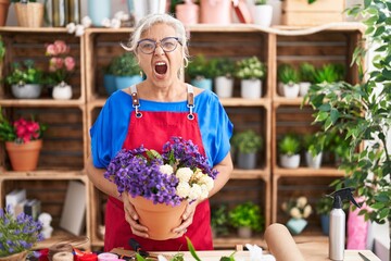 Poster - Middle age woman with grey hair working at florist shop holding plant angry and mad screaming frustrated and furious, shouting with anger. rage and aggressive concept.