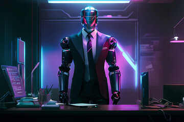 An anthropomorphic robot in office suit with diagram graphics at the workplace
