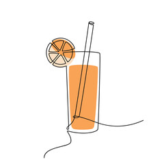 Wall Mural - Glass of juice with orange slice vector. One line continuous drawing illustration. Hand drawn linear silhouette icon. Minimal design element for print, banner, card, poster, menu.