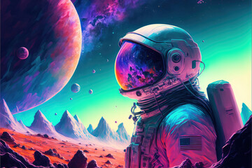 Wall Mural - abstract image of an astronaut, cosmonaut in a space suit on the other planet. generative ai