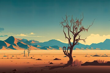 Wall Mural - Western American desert landscape with a lone dead tree in the horizon Generative AI