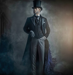 Wall Mural - Mysterious Victorian man in top hat and suit. Made with Generative AI
