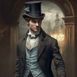 Mysterious Victorian man in top hat and suit. Made with Generative AI
