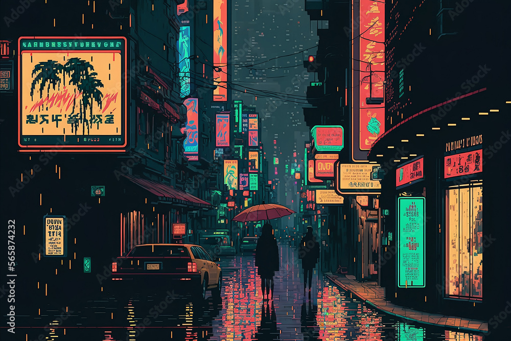 32-bit art/pixel art of Tokyo City. Cyberpunk. Generative AI