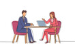 © Simple Line - Single continuous line drawing woman journalist interviewing guy at desk. Microphone, discussion, speech. Social media, communication concept. Dynamic one line draw graphic design vector illustration