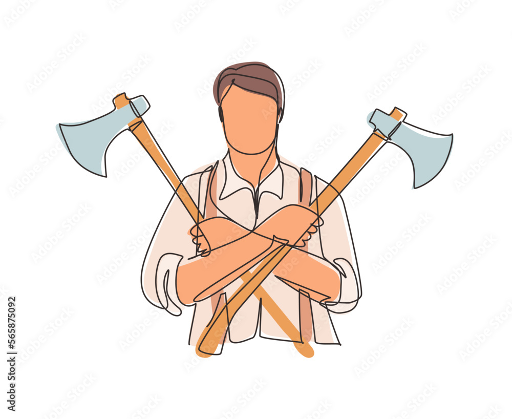 Single continuous line drawing lumberjack holding two axes crossed ...