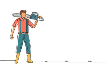 Wall Mural - Continuous one line drawing woodcutter holding chainsaw on his back. Wearing suspender shirt, jeans and boots. Lumberjack pose on logging forest. Single line draw design graphic vector illustration