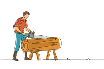 Poster - Continuous one line drawing sawmill concept. Professional lumberjack cutting tree by chainsaw for further transportation, processing. Global deforestation. Single line draw design vector illustration