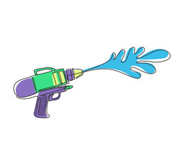 Wall Mural - Single continuous line drawing water gun for Songkran festival in Thailand. Logo for water festival with gun and water drops. Plastic summer toys for children. One line draw design vector illustration