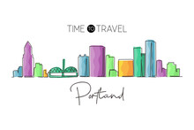 Continuous One Line Drawing Portland City Skyline, Oregon. Famous City Scraper Landscape. World Travel Home Wall Decor Art Poster Print Concept. Single Line Draw Design Vector Graphic Illustration