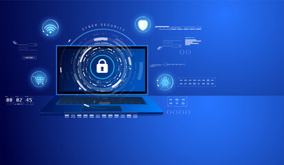 Fototapete - Blue abstract of laptop data security protection concept. Online wifi, shopping, anti virus protection processing system. Cybersecurity with hud UI system interface vector.