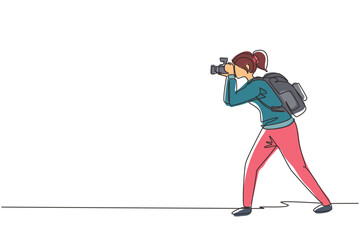 Single continuous line drawing woman journalist or reporter with backpack making pictures. Photographers of paparazzi taking photo with digital cameras dslr. One line draw design vector illustration