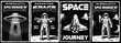 Black and white set of a UFO posters in vintage style with space shuttle, astronaut, flying saucer. This design can also be used as a t-shirt print.