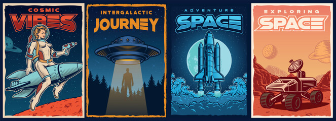 set of vintage space posters with pin up girl astronaut, ufo, space rover, shuttle. this design can 